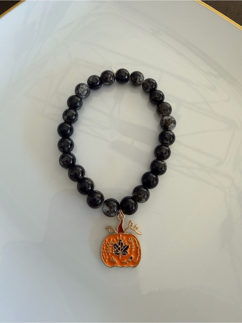 Black Beaded Bracelet with Orange Pumpkin Charm Fall Jewelry
